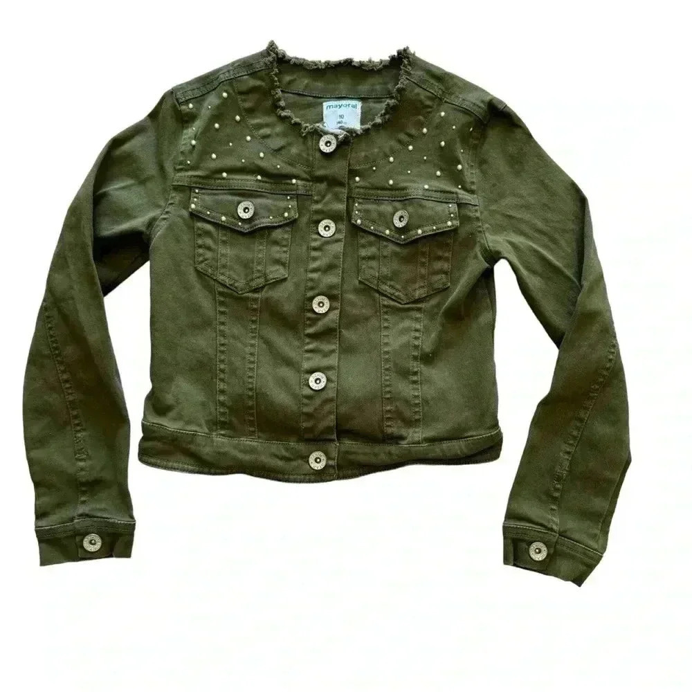 Mayoral Olive Army Green Glam Cotton Blend Denim Girls Jeans Jacket SZ 10 #2036